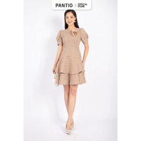 FDC73535 - Đầm công sở vải dạ dáng xòe cổ tròn tay phồng chân váy xếp bèo tầng kèm hoa cài áo - PANTIO