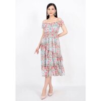 FDP32989 - Đầm dạo phố vải voan dáng xòe vai trễ chân đổ bèo sóng eo chạy smocking - Pantio.vn