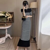 [fei Fanmei] dress women french contrast color retro slim-fit slimmer look round neck striped short-sleeved mid-length knitted dress