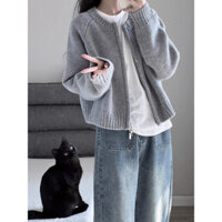 felt sweater women's cardigan sweater Áo len cắt màu xám áo khoác nữ mùa thu đông 2023 mới dáng rộng và dày dây kéo cardigan dài tay dệt kim hàng đầu