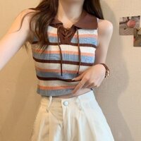 Femininechic Mới Thời Trang Nữ Top Sọc Suspender Vintage Tương Phản Cổ Áo Polo Croptop Vest Cho Nữ
