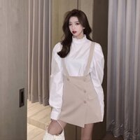 Femininechic Thời Trang Hàn Quốc Nữ Phù Hợp Với Màu Trắng Áo Sơ Mi Tay Dài Treo Váy Thắt Lưng Nút Váy Ngắn Thời Trang Bộ Đồ Hai Mảnh