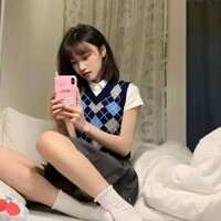 Femininechic Thời Trang Hàn Quốc Nữ Áo Vest Dệt Kim Không Tay Phong Cách Đại Học Kim Cương Kẻ Sọc Áo Len Ngắn Nữ Top