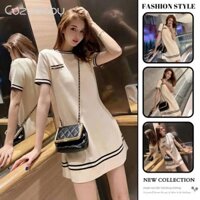 Femininechic Thời Trang Mới Đầm Nữ Cổ Tròn Tay Ngắn Sọc Đầm Nữ