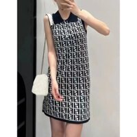 Fendi2601 Phong Cách Mới Nữ Dệt Kim Áo Vest Đầm Cổ Điển Jacquard Ve Áo