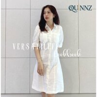 Fiona Dress - Đầm linen bột trắng mix cotton cổ sơ mi bo eo sau