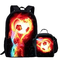 Fire Soccer Ball Backpack Elementary School Student Bookbag Mini Lunch Box Set