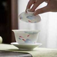 Fish Play Sancai Cover Bowl [Huayun] Cốc trà Sứ trắng gia đình Bát trà lốp mỏng có nắp không nóng Bộ trà Kung Fu sang trọng [A031]