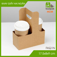 FKQ1N - 100 khay giấy nâu 2 ngăn quai xách đựng ly nước và hoa, khay quà tặng đựng cafe mang đi