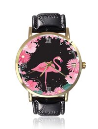 Flamingos Wrist Watch Unisex Fashion Black Leather Strap Stainless Steel Round Gold Dial Plate Wristwatch
