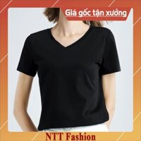 FlashSale Áo cổ tim ngắn tay dáng suông cotton basic đẹp trắng cao cấp, áo thun nữ cổ V cộc tay đen TTH205Đ