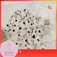 [FLASHSALE] Bộ Pijama Ngủ Nữ Bò Sữa Set Quần Áo Ngủ Cộc Tay In Hình 5D 3 Màu X044
