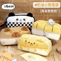 [Flip Flip Easy to Pick Up] Hộp đựng bút chì hình gấu bơ Túi phía trước siêu dễ thương Hộp đựng bút chì trong suốt Túi văn phòng phẩm màu vàng dành cho học sinh Hộp đựng bút chì tai dung tích lớn