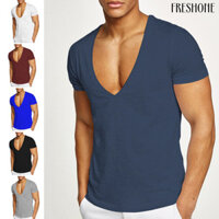 [Fo] Áo nam cổ chữ V sâu màu trơn Áo chui đầu mỏng tập luyện thấm mồ hôi Chiều dài vừa phải Quần áo nam thể thao hàng đầu