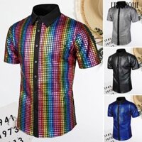 [fo] Nam club shirt nam 70s disco costume vinatge turn-down collar reflective shiny sequins short sleeve button down shirt