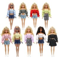 For 29cm Barbie Doll Clothes Fashion Puff Sleeve Toy for Girl 1/6 Bjd Doll Accessories Clothing Dress Pleated Skirt Deni