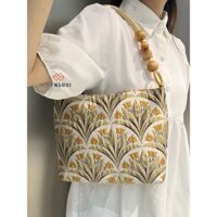 Forever LENGRUI Túi xách màu be vàng hoa cổ điển có tay cầm hạt gỗ - sành điệu & bền bỉ
