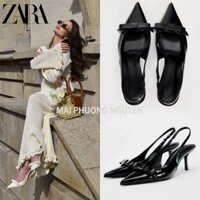 [form CHUẨN SIZE] Giày guốc mũi nhọn quai hậu slingback za.ra gót nhọn đính nơ nhỏ da milana [7814-1]
