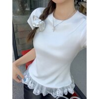 【Forya】Áo thun ngắn tay cổ tròn ren, Áo thun xếp lớp bên trong tinh khiết của phụ nữ