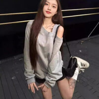 【Forya】Hàn Quốc áo hoodie nữ Bigsize trơn áo lệch vai tay dài Màu xám trễ vai tay dài