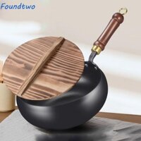Foundtwo Chảo nấu ăn Trung Quốc, Chảo rán sắt không tráng chống dính, Chảo bụng lớn Tay cầm bằng gỗ 24cm Nồi súp bụng lớn Nhà bếp