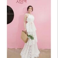 (free chỉnh sửa váy) dạ hội ren trắng cổ yếm váy tầng, đầm tầng dài, dạ hội trắng cao cấp