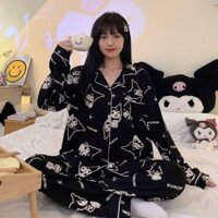 [free Eyes mask] Bộ Đồ Ngủ Pijama cotton Dài Tay Màu Đen Phong Cách kuromi Xuân Thu Có Thể Mặc Ở Nhà / Ngoài Trời Cho Nữ