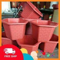 [Free Ship] 5 Chậu nhựa lục giác FA480 (~40cm) đỏ vân gạch dày loại 1 Tặng Kèm Phân Bón