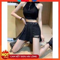 [FREE SHIP] Chân Váy Chữ A Phối Quần Cạp Chun Đính 3 Cúc Dập Khuy Cá Tính