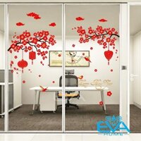 💥FREE SHIP💥 Decal Dán Tường Dán Kính Trang Trí Tết Họa Tiết Cành Hoa Đào Đỏ, Decal tết dán kính 2025