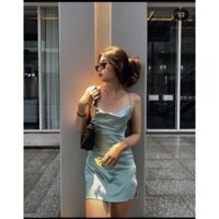 [frees extra + hoàn xu 15%] quai mảnh có khoá kéo- Đầm váy 2 dây lụa mịn cổ đổ xẻ tà dáng ngắn
