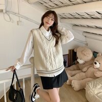 FREESHIP ÁO GILE LEN NỮ SINH HÀN QUỐC VINTAGE XÁM BE