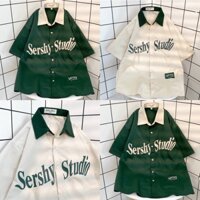 [FreeShip] Áo khoác sơ mi kaki quốc dân CỔ BẺ logo in Sershy Studio có 2 màu xanh đen form rộng, form đẹp, áo flanl Kyt_