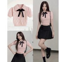 Freeship Áo Len Nữ Dáng Croptop Phối Nơ Ngực, Áo Nữ Cổ Bẻ Chất Len Dệt Màu Hồng Siêu Cute QC22