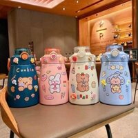 [FREESHIP] Bình nước giữ nhiệt cute có sticker và ống hút dễ thương-Bình giữ nhiệt cho bé có dây đeo inox 304 xịn