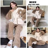 FREESHIP - Bộ ngủ lông gấu kéo khóa cao cổ thêu gấu nâu dễ thương, sét đồ pyjama mặc nhà lông cừu 2 mặt mượt mà - MIXU