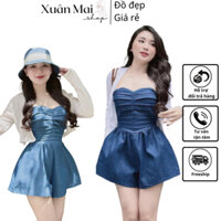 [FREESHIP-có khoác] Jumsuit/Jum/đồ bay ngắn ống rộng nữ xếp ly ngực có túi kèm áo khoác jeans/denim