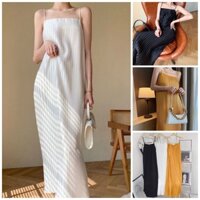 [FREESHIP] Đầm 2 dây lụa suông Maxi dập ly QC màu vàng/đen/trắng NÀNG CLOSET