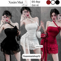 [FREESHIP] Đầm body cổ chéo tua rua nhún bèo cúp ngực sẵn mút 3 màu đen đỏ trắng đính hoa mặc Noel Tết