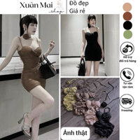 [FREESHIP] Đầm body cổ yếm hoa hồng khoét eo khoe dáng nhún sườn che bụng sẵn mút siêu đẹp