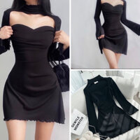 [FREESHIP] Đầm body đen cổ lọ khoét ngực tay loe NÀNG CLOSET