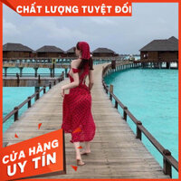 [FREESHIP] Đầm maxi đi biển bi cổ yếm kèm khăn