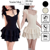 [FREESHIP] Đầm mini ngắn trên gối xòe 2 tầng tay con cánh tiên cổ kiểu hai màu trắng kem và đen chất gân QC dày dặn