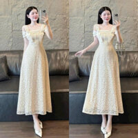 [FREESHIP] Đầm thời trang nữ chất ren 2 lớp tay ngắn hở vai cổ vuông váy dài dáng xòe tiểu thư xinh xắn mặc đi chơi, đi