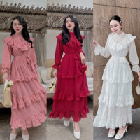 [Freeship] Đầm váy maxi đi tiệc voan tầng tay dài phối bèo công chúa tiểu thư-MaxiTinTin