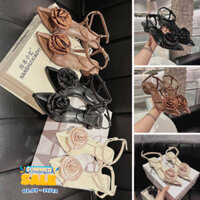 [FREESHIP] Dép Sandal Nữ Quai Chữ T Đính Bông Mũi Nhọn Gót Trụ 3P/5P - MoonBoutique