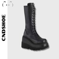 (FREESHIP ) HIGH BOOT - GIÀY BỐT ĐEN ĐẾ CAO BUỘC DÂY THỜI TRANG - Boot Nữ Đế Bằng