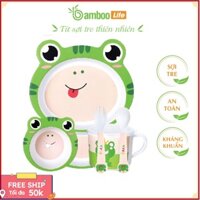 {Freeship} Khay ăn dặm cho bé sợi tre Bamboo Life BL040 gồm 5 chi tiết gồm thìa, dĩa, khay, bát, cốc dành cho trẻ em