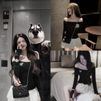 (FreeShip) Set Áo Đen Len Tăm Trễ Vai Nơ Ngọc, Mix Chân Váy Ren Hoa Có Quần Trong Siêu Hot