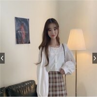 (FreeShip) Set áo sơ mi kèm chân váy kẻ caro cho bạn nữ duyên dáng